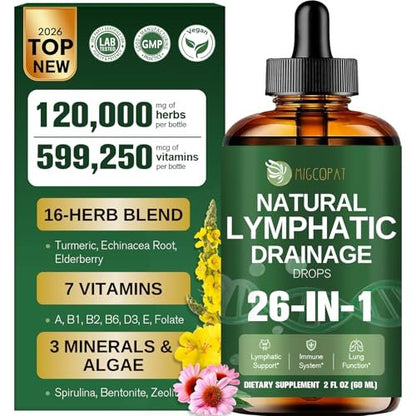 Migcopat 26-in-1 Liposomale Lymphdrainage-Tropfen – Echinacea, Kurkuma, Holunder, Löwenzahn, Vitamine und Königskerze für Lunge, Lymphsystem, Immununterstützung, Leberreinigung & -reparatur, 60 ml