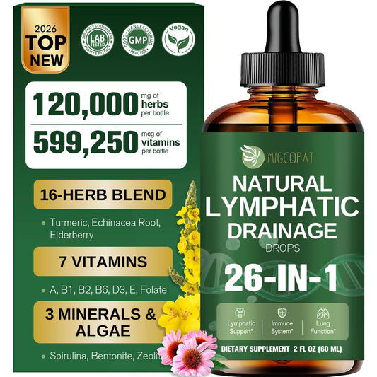 Migcopat 26-in-1 Liposomale Lymphdrainage-Tropfen – Echinacea, Kurkuma, Holunder, Löwenzahn, Vitamine und Königskerze für Lunge, Lymphsystem, Immununterstützung, Leberreinigung & -reparatur, 60 ml
