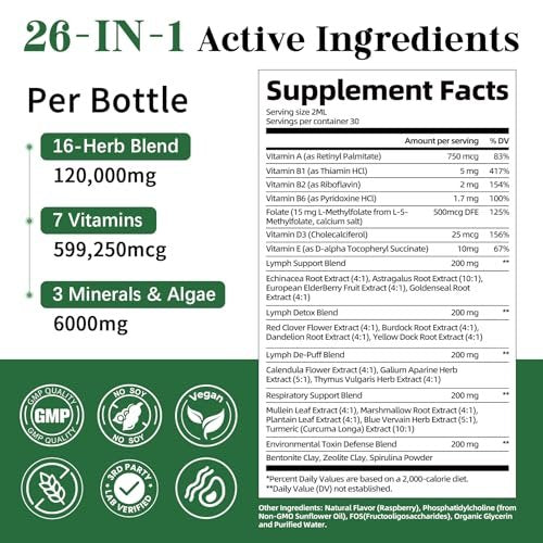 Migcopat 26-in-1 Liposomale Lymphdrainage-Tropfen – Echinacea, Kurkuma, Holunder, Löwenzahn, Vitamine und Königskerze für Lunge, Lymphsystem, Immununterstützung, Leberreinigung & -reparatur, 60 ml
