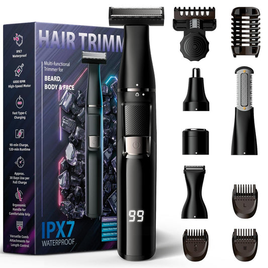 Sybler Elektrorasierer für Männer 5-in-1, Barttrimmer-Set mit verstellbarem 1–8 mm Kamm, Körperrasierer, Nasen- und Ohrenhaartrimmer, IPX7 wasserdicht, Typ-C Schnellladung, LED-Anzeige, 120 Minuten kabellose Nutzung
