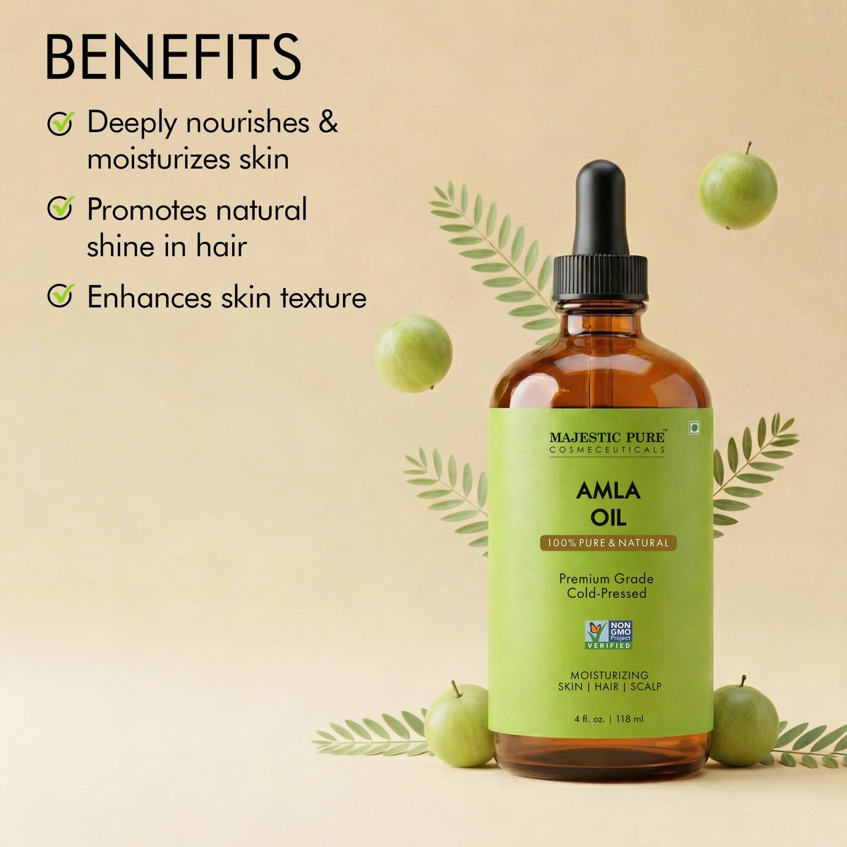Majestic Pure Amla-Öl 118ml – Premium Trägeröl für Haarpflege, Kopfhautmassage & Hautpflege mit Pipette