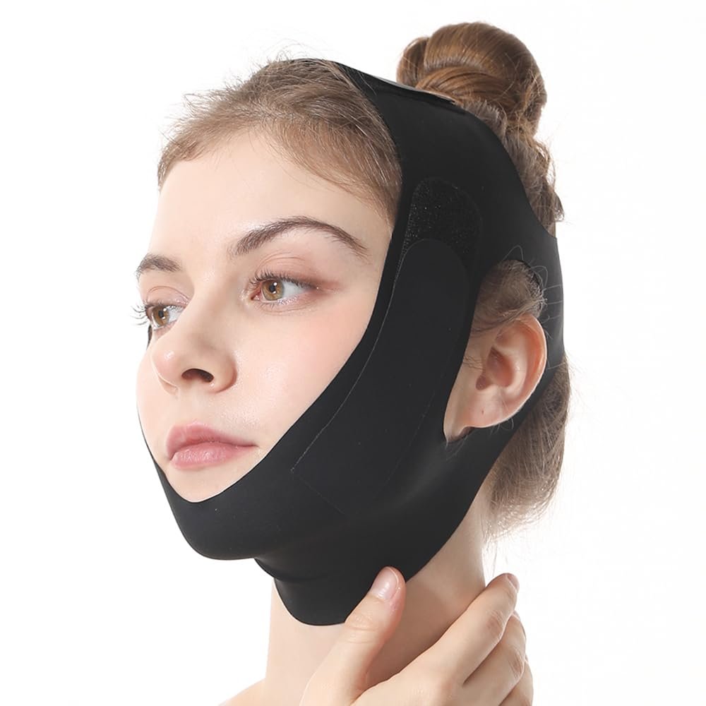Kinnriemen zum Schlafen, Wiederverwendbarer Doppelkinn-Reduzierer, V-Linie-Lifting-Maske, Kieferriemen, Kieferformer, Kiefertrainer für Frauen, Schwarz