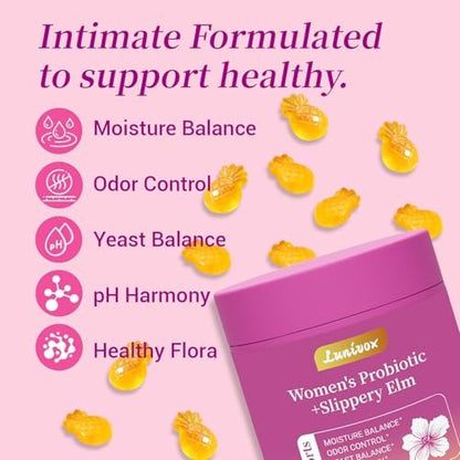 Lunivox Her Juicy Feminine Probiotika Gummis für Frauen mit Präbiotika & Ulmenrinde – Unterstützt pH-Gleichgewicht, Darmgesundheit & Immunsystem – Ananasgeschmack, 60 Stück