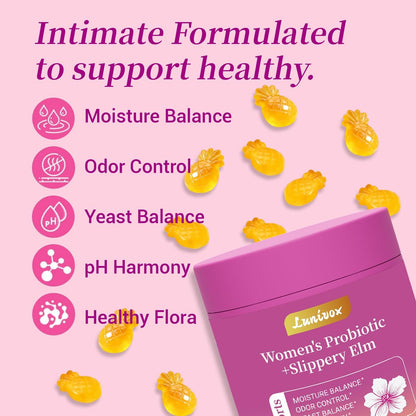 Lunivox Her Juicy Feminine Probiotika Gummis für Frauen mit Präbiotika & Ulmenrinde – Unterstützt pH-Gleichgewicht, Darmgesundheit & Immunsystem – Ananasgeschmack, 60 Stück