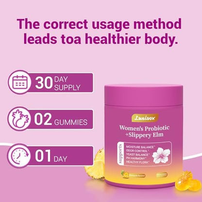 Lunivox Her Juicy Feminine Probiotika Gummis für Frauen mit Präbiotika & Ulmenrinde – Unterstützt pH-Gleichgewicht, Darmgesundheit & Immunsystem – Ananasgeschmack, 60 Stück