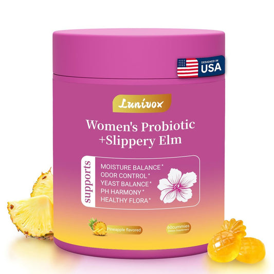 Lunivox Her Juicy Feminine Probiotika Gummis für Frauen mit Präbiotika & Ulmenrinde – Unterstützt pH-Gleichgewicht, Darmgesundheit & Immunsystem – Ananasgeschmack, 60 Stück