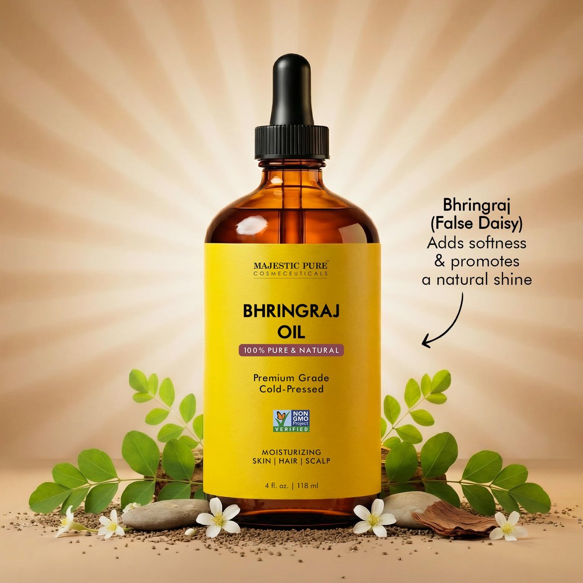 Majestic Pure Bhringraj Premium Trägeröl 118ml mit Pipette für Haarpflege, Kopfhautmassage & Hautpflege