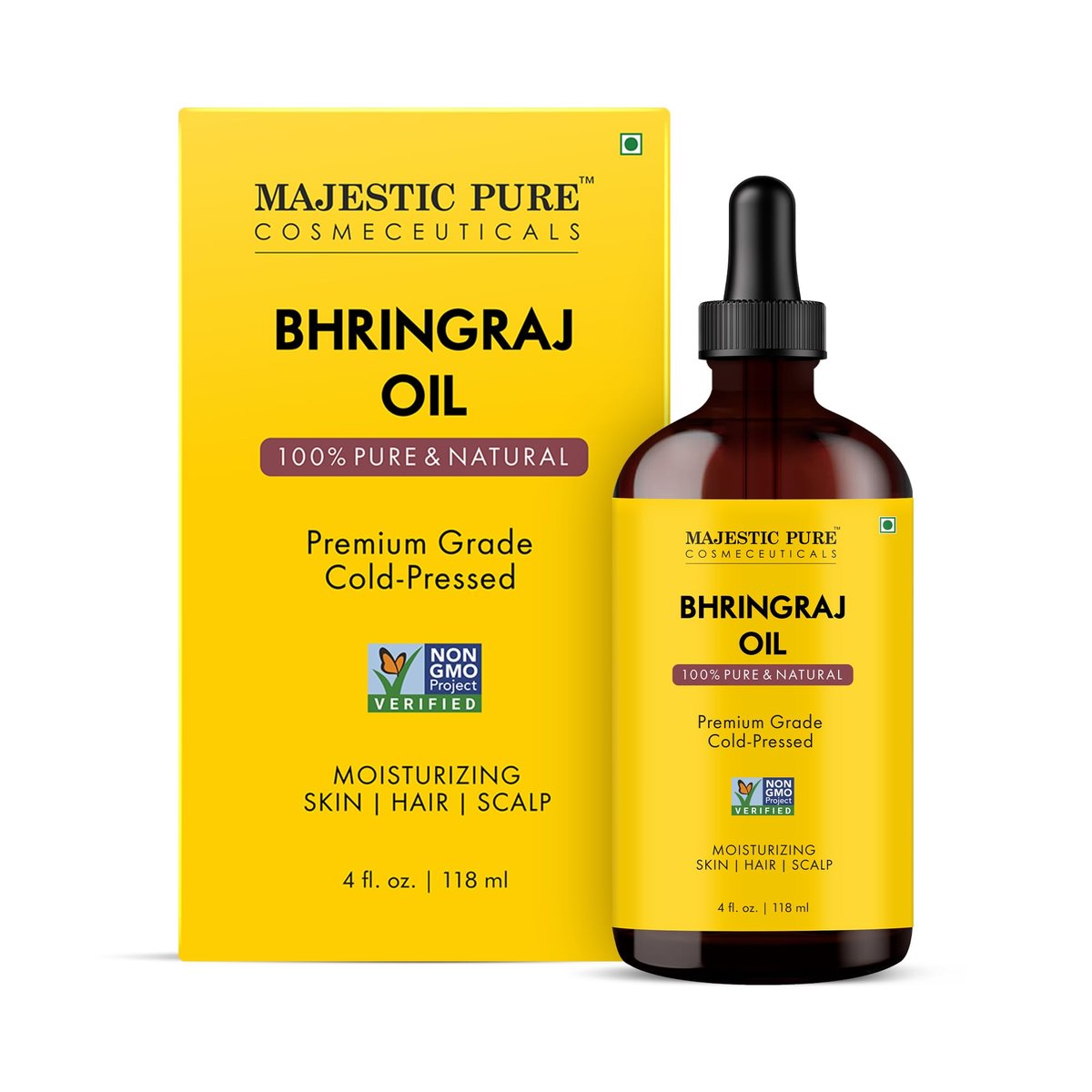 Majestic Pure Bhringraj Premium Trägeröl 118ml mit Pipette für Haarpflege, Kopfhautmassage & Hautpflege