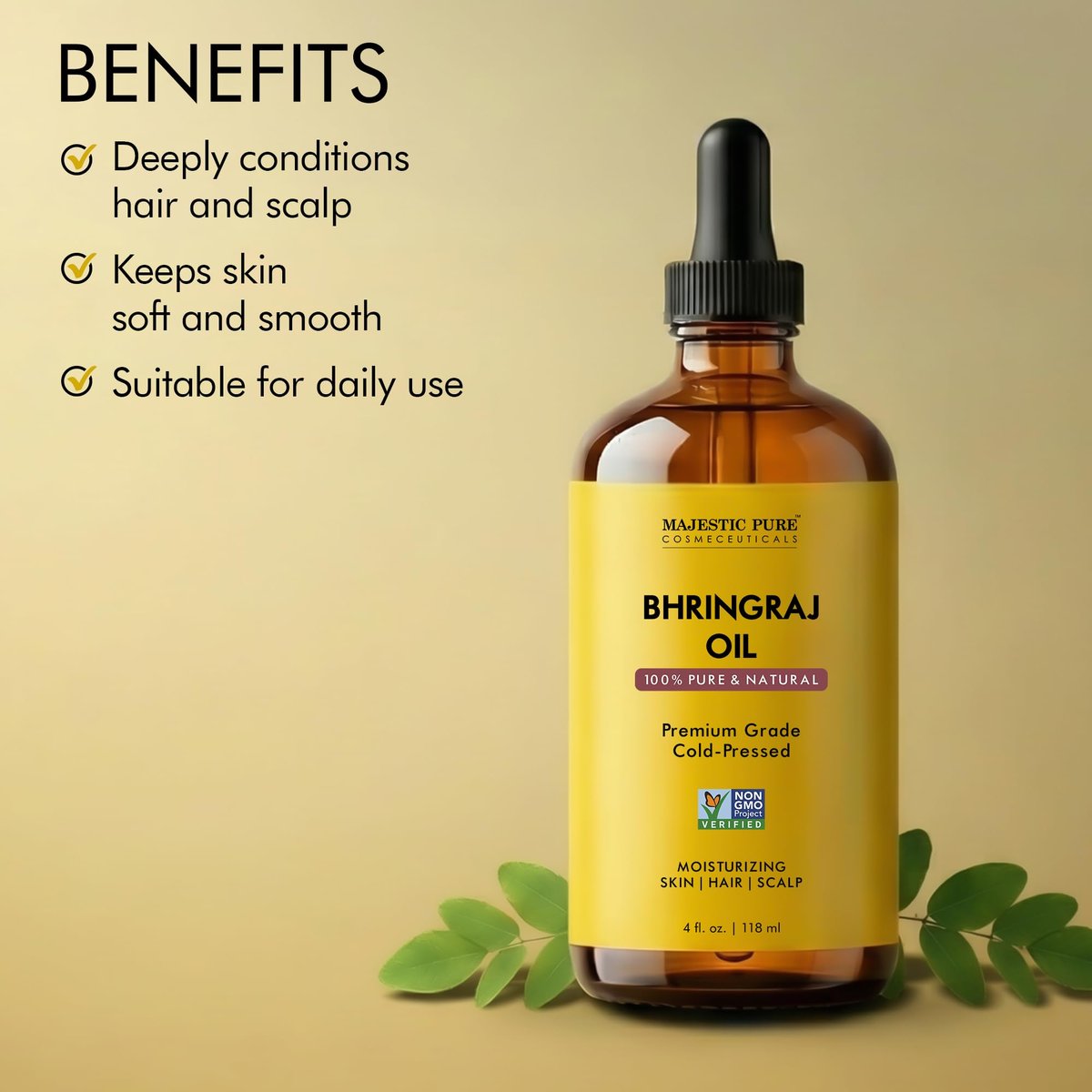 Majestic Pure Bhringraj Premium Trägeröl 118ml mit Pipette für Haarpflege, Kopfhautmassage & Hautpflege
