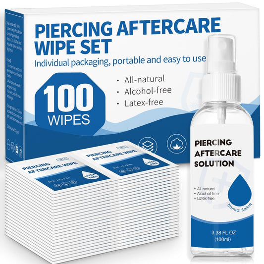 2-in-1 Piercing Aftercare Spray & Wipes Kit: Nicht fettende Kochsalzlösung zur Keloid- und Piercingbump-Entfernung, Ohr-Nasen-Lippen-Bauchnabel-Piercing-Reinigungstücher (3,38 oz + 100 Stück)