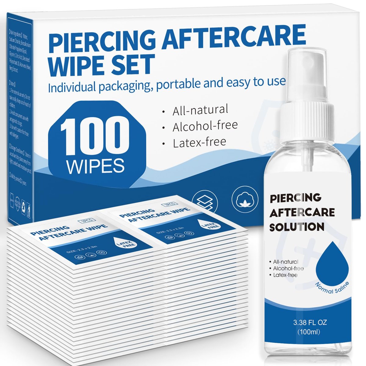 2-in-1 Piercing Aftercare Spray & Wipes Kit: Nicht fettende Kochsalzlösung zur Keloid- und Piercingbump-Entfernung, Ohr-Nasen-Lippen-Bauchnabel-Piercing-Reinigungstücher (3,38 oz + 100 Stück)