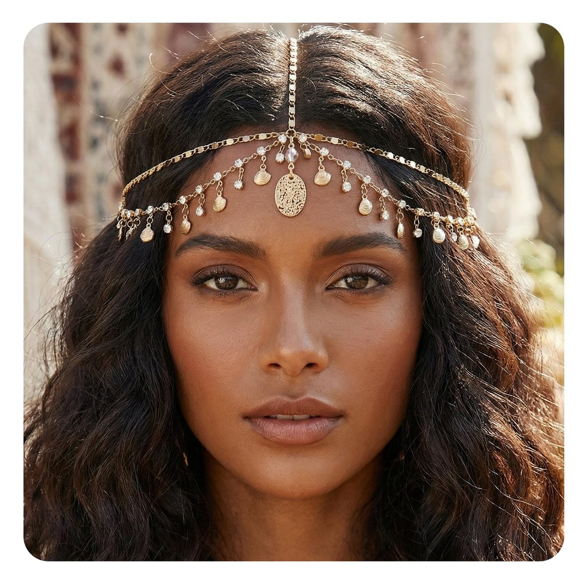 Nogeqi Gold Kopfkette mit Muscheln und Strass – Ägyptisches Genie-Kopfschmuck für Frauen, Mädchen, Göttin, Boho-Kopfschmuck, ägyptisches Haarzubehör für Festivals, Hochzeiten, Proms
