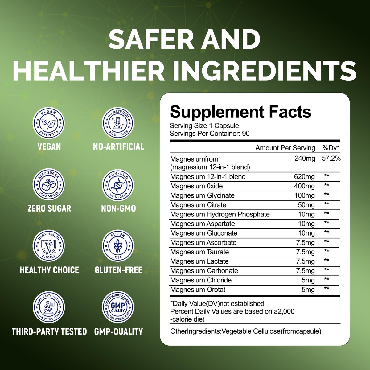 Magnesium Komplex 240mg, 12-in-1 Magnesium für Männer & Frauen, Erwachsene Magnesium Glycinat, Citrat, Malat & Taurat | Lindert Krämpfe, Stress, Besserer Schlaf | Herz-, Knochen- & Nervengesundheit | 90 vegane Kapseln