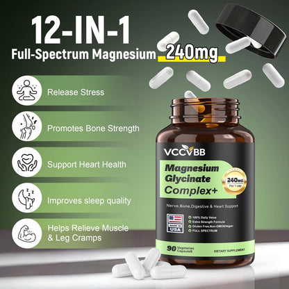 Magnesium Komplex 240mg, 12-in-1 Magnesium für Männer & Frauen, Erwachsene Magnesium Glycinat, Citrat, Malat & Taurat | Lindert Krämpfe, Stress, Besserer Schlaf | Herz-, Knochen- & Nervengesundheit | 90 vegane Kapseln