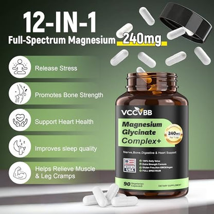 Magnesium Komplex 240mg, 12-in-1 Magnesium für Männer & Frauen, Erwachsene Magnesium Glycinat, Citrat, Malat & Taurat | Lindert Krämpfe, Stress, Besserer Schlaf | Herz-, Knochen- & Nervengesundheit | 90 vegane Kapseln