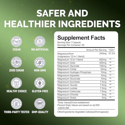 Magnesium Komplex 240mg, 12-in-1 Magnesium für Männer & Frauen, Erwachsene Magnesium Glycinat, Citrat, Malat & Taurat | Lindert Krämpfe, Stress, Besserer Schlaf | Herz-, Knochen- & Nervengesundheit | 90 vegane Kapseln