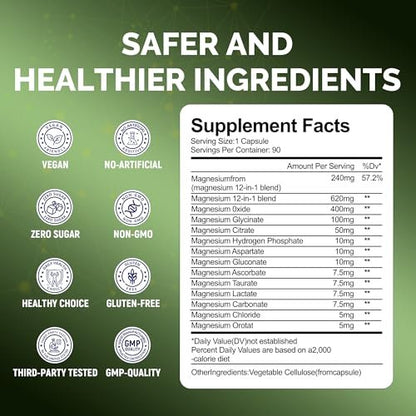 Magnesium Komplex 240mg, 12-in-1 Magnesium für Männer & Frauen, Erwachsene Magnesium Glycinat, Citrat, Malat & Taurat | Lindert Krämpfe, Stress, Besserer Schlaf | Herz-, Knochen- & Nervengesundheit | 90 vegane Kapseln