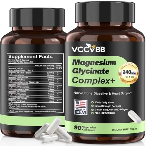 Magnesium Komplex 240mg, 12-in-1 Magnesium für Männer & Frauen, Erwachsene Magnesium Glycinat, Citrat, Malat & Taurat | Lindert Krämpfe, Stress, Besserer Schlaf | Herz-, Knochen- & Nervengesundheit | 90 vegane Kapseln