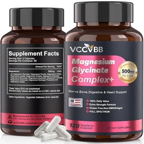 Magnesium Glycinate 500mg | 12-in-1 Hochabsorbierender Magnesium-Komplex mit Citrat, Malat & Taurat | Gegen Krämpfe, Stress & für besseren Schlaf | Herz-, Knochen- & Nervengesundheit | 120 vegane Kapseln