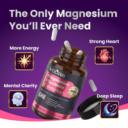 Magnesium Glycinate 500mg | 12-in-1 Hochabsorbierender Magnesium-Komplex mit Citrat, Malat & Taurat | Gegen Krämpfe, Stress & für besseren Schlaf | Herz-, Knochen- & Nervengesundheit | 120 vegane Kapseln