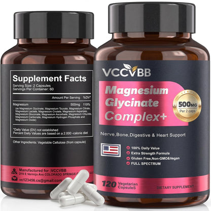 Magnesium Glycinate 500mg | 12-in-1 Hochabsorbierender Magnesium-Komplex mit Citrat, Malat & Taurat | Gegen Krämpfe, Stress & für besseren Schlaf | Herz-, Knochen- & Nervengesundheit | 120 vegane Kapseln