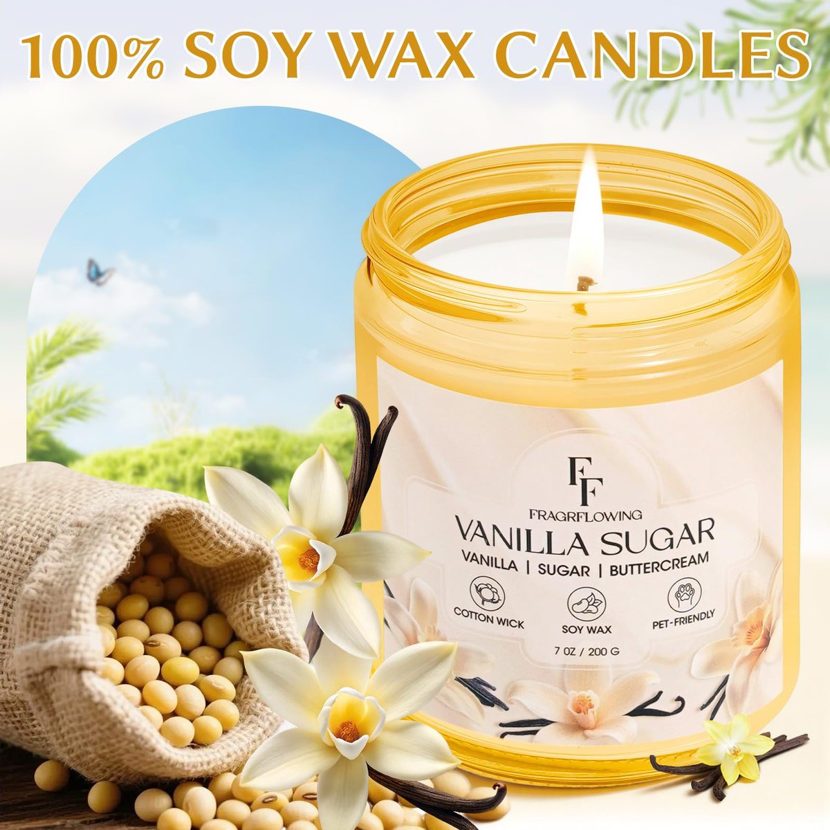 Vanillezucker-Duftkerze aus natürlichem Sojawachs, 100 Stunden Brenndauer, 2er-Pack à 7 oz