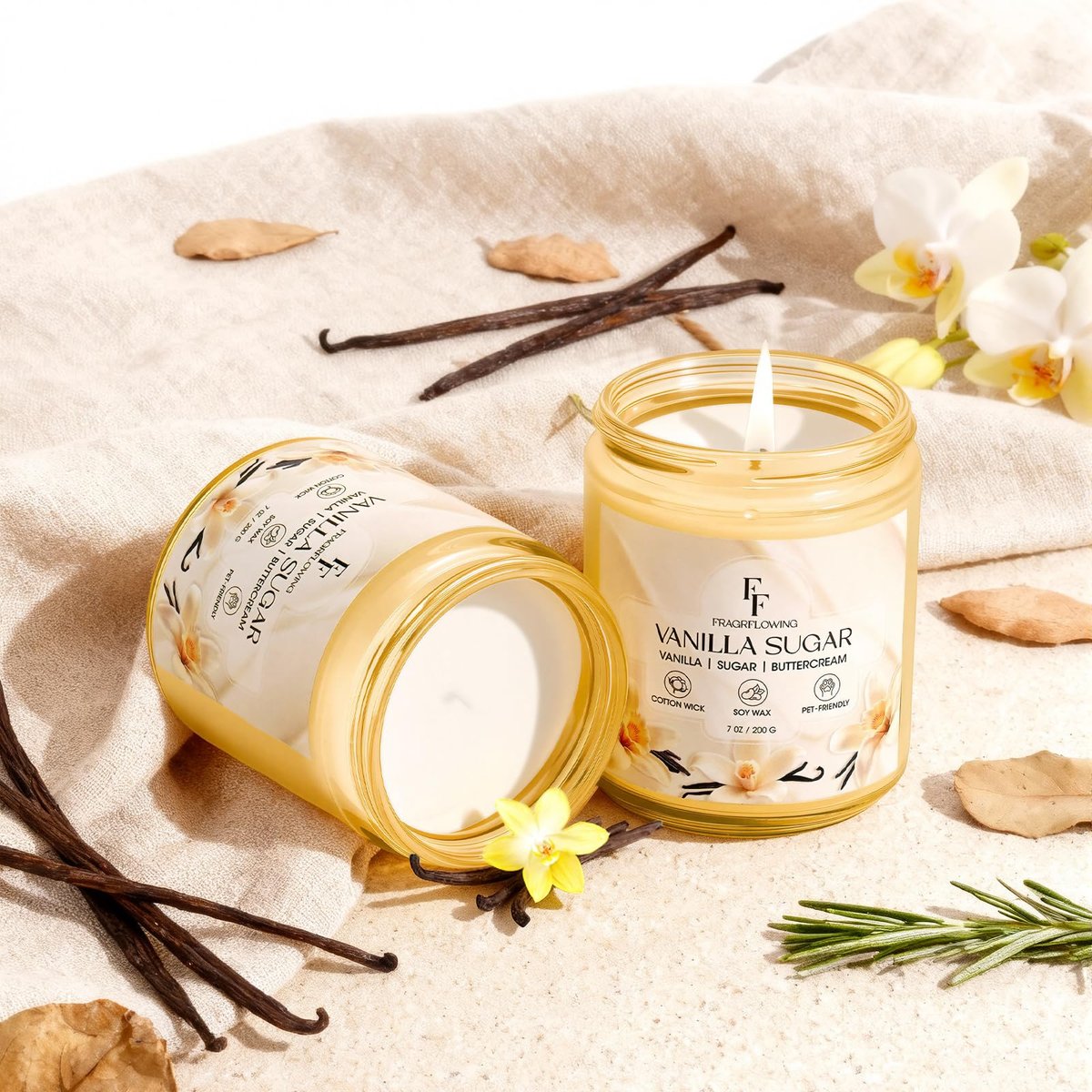 Vanillezucker-Duftkerze aus natürlichem Sojawachs, 100 Stunden Brenndauer, 2er-Pack à 7 oz