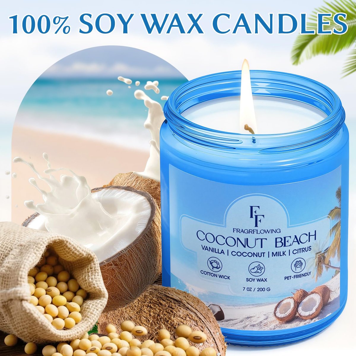 Coconut Beach Duftkerze, natürliche Sojawachs-Kerze für Zuhause, 100 Stunden Brenndauer, Geschenk für Frauen und Männer, 2er-Pack à 198 g