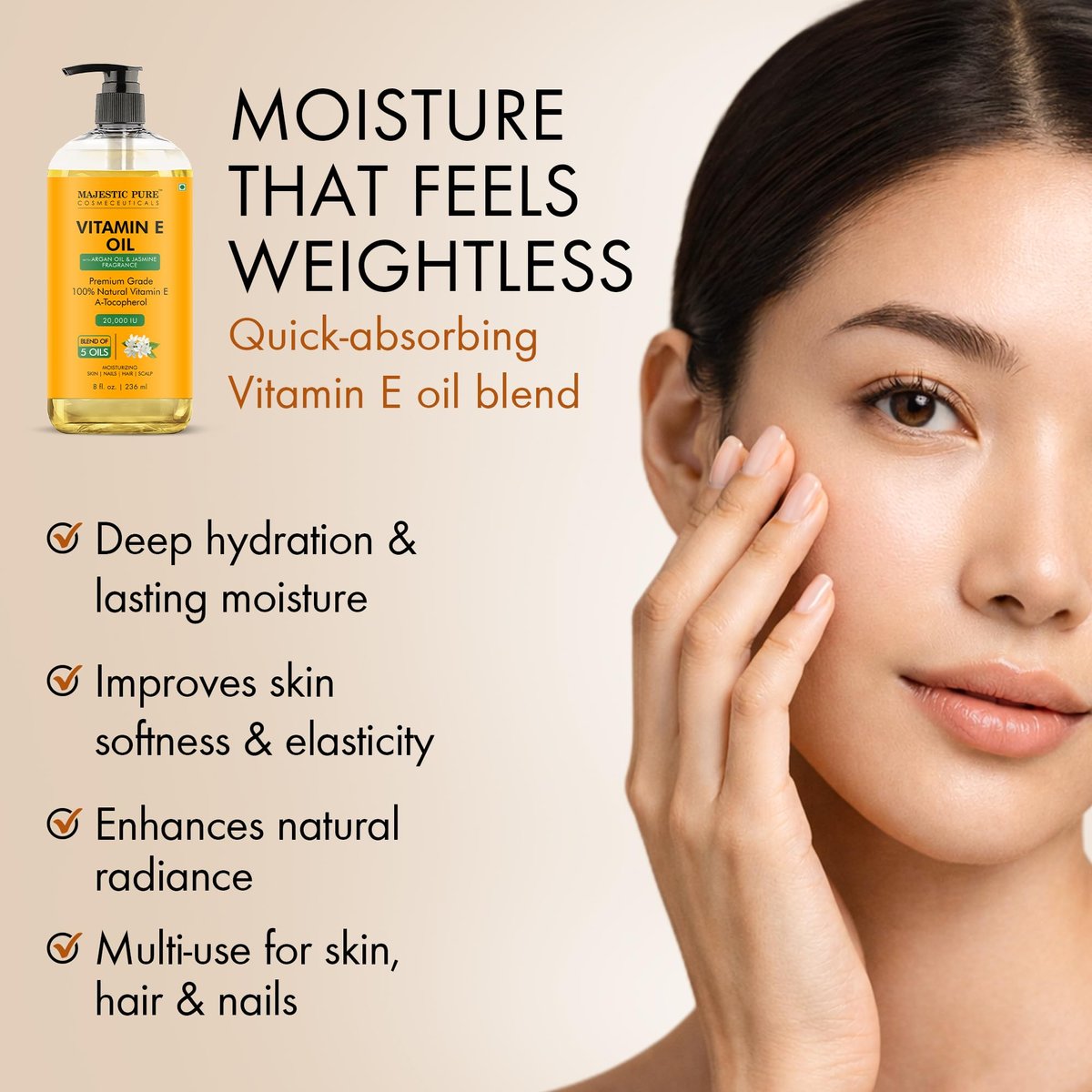 Majestic Pure Öl - 100% reines und natürliches Haarwachstumsöl für Wimpern, Augenbrauen, Haut, Körper, Gesicht, Nägel & Kopfhaut - Vitamin E Öl mit Arganöl 8 Fl Oz