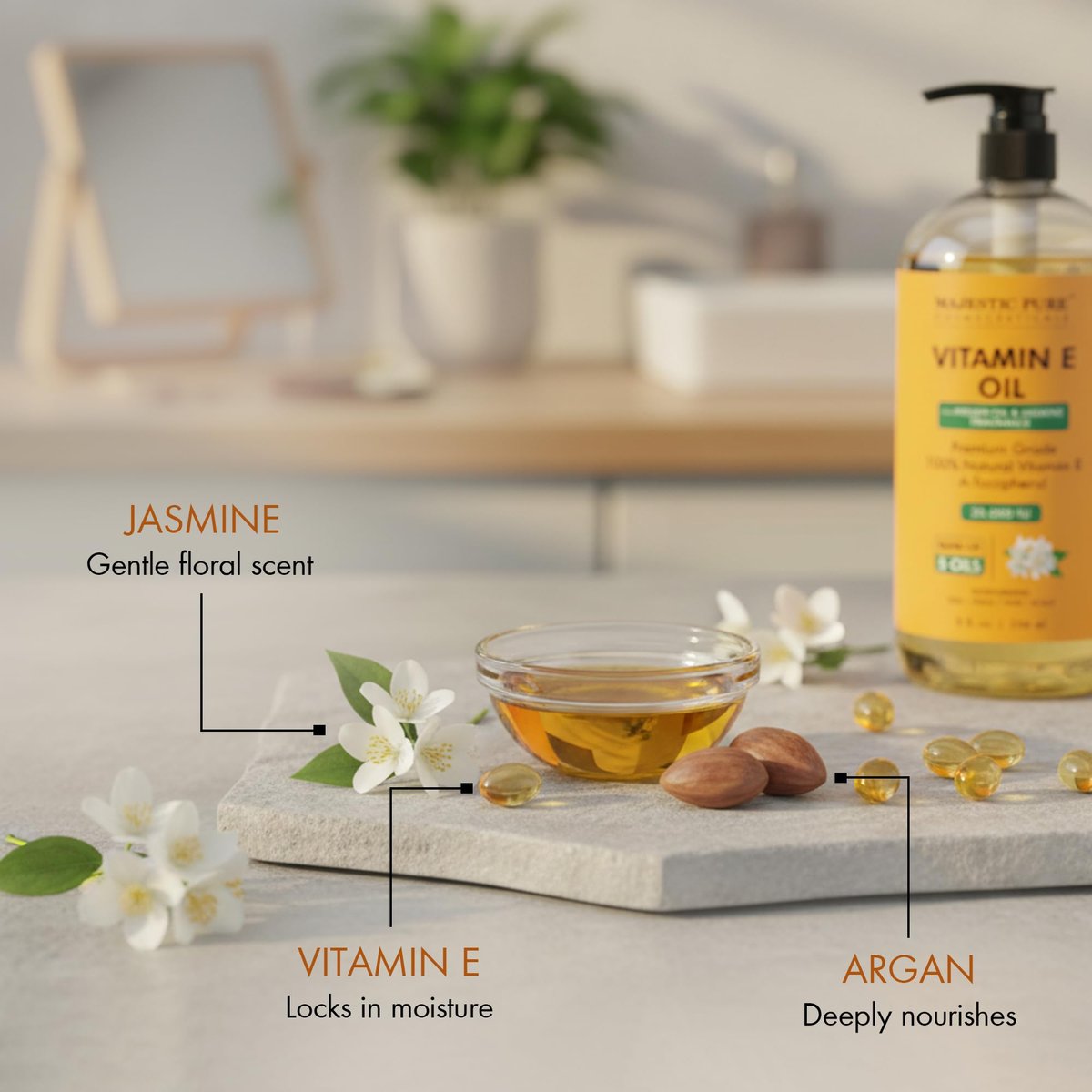 Majestic Pure Öl - 100% reines und natürliches Haarwachstumsöl für Wimpern, Augenbrauen, Haut, Körper, Gesicht, Nägel & Kopfhaut - Vitamin E Öl mit Arganöl 8 Fl Oz