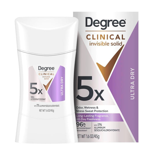 Degree Clinical Strength Antitranspirant Deodorant für Frauen – 96-Stunden-Schutz gegen Schweiß und Geruch, Ultra Trocken, Unsichtbarer Feststoff, Bekämpft 5 Schweißarten, 1,6 OZ