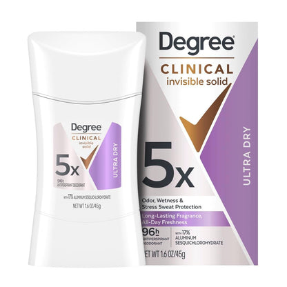 Degree Clinical Strength Antitranspirant Deodorant für Frauen – 96-Stunden-Schutz gegen Schweiß und Geruch, Ultra Trocken, Unsichtbarer Feststoff, Bekämpft 5 Schweißarten, 1,6 OZ