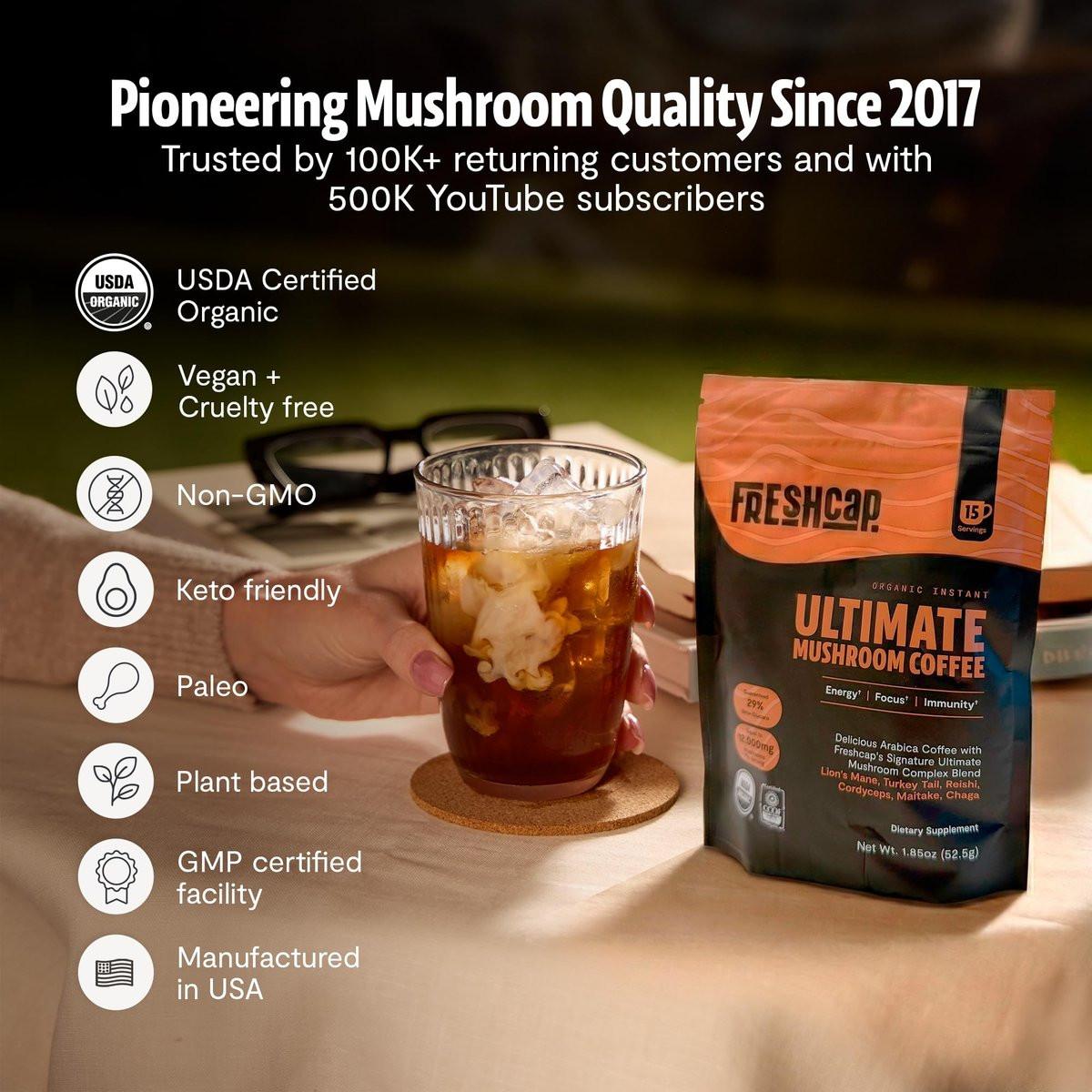 Premium Bio-Pilz Kaffee – 12:1 Fruchtkörper Extrakt – Reise Pack – 29% Beta-Glucane – Sanfter Geschmack, Laborgeprüft für Saubere Energie, Kein Zittern, Fokus, Immununterstützung (15 Portionen)