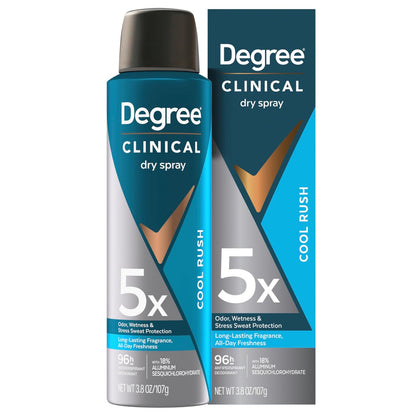 Degree Clinical Strength Antiperspirant Deodorant Cool Rush Dry Spray – 96-Stunden Schweiß- und Geruchsschutz, 5x Schweißtypen, 3,8 OZ