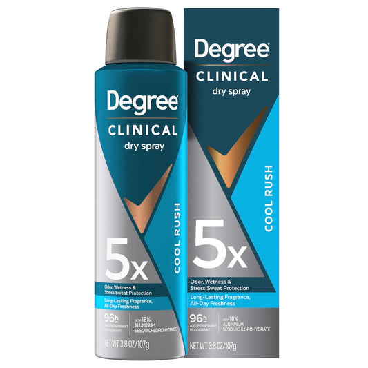 Degree Clinical Strength Antiperspirant Deodorant Cool Rush Dry Spray – 96-Stunden Schweiß- und Geruchsschutz, 5x Schweißtypen, 3,8 OZ