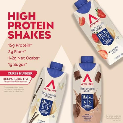 Atkins Protein-Shake-Variety-Pack – Erdbeer, Vanille & Milchschokolade, 15g Protein, 3g Ballaststoffe, GLP-1-freundlich, 12er-Pack (11 Fl Oz)