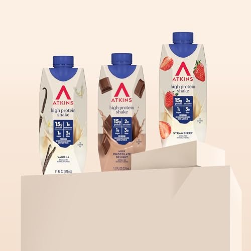 Atkins Protein-Shake-Variety-Pack – Erdbeer, Vanille & Milchschokolade, 15g Protein, 3g Ballaststoffe, GLP-1-freundlich, 12er-Pack (11 Fl Oz)