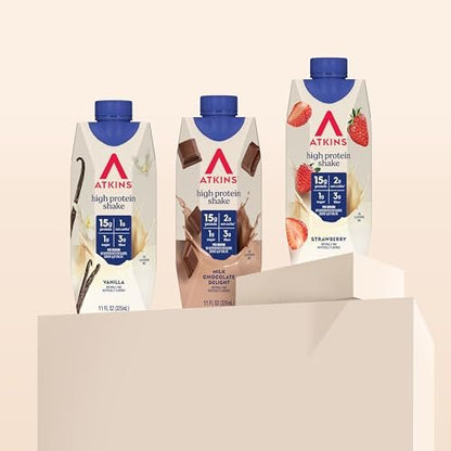 Atkins Protein-Shake-Variety-Pack – Erdbeer, Vanille & Milchschokolade, 15g Protein, 3g Ballaststoffe, GLP-1-freundlich, 12er-Pack (11 Fl Oz)