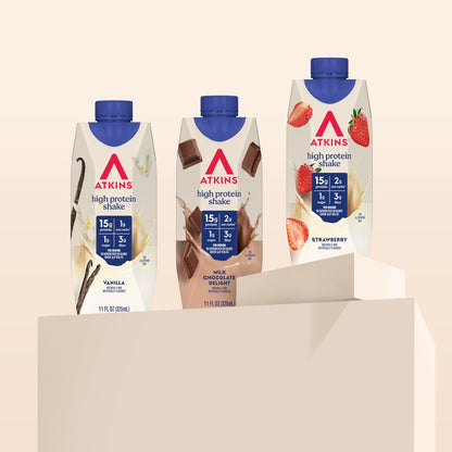 Atkins Protein-Shake-Variety-Pack – Erdbeer, Vanille & Milchschokolade, 15g Protein, 3g Ballaststoffe, GLP-1-freundlich, 12er-Pack (11 Fl Oz)