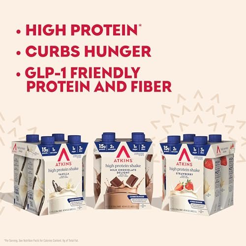 Atkins Protein-Shake-Variety-Pack – Erdbeer, Vanille & Milchschokolade, 15g Protein, 3g Ballaststoffe, GLP-1-freundlich, 12er-Pack (11 Fl Oz)