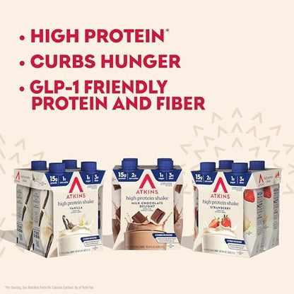 Atkins Protein-Shake-Variety-Pack – Erdbeer, Vanille & Milchschokolade, 15g Protein, 3g Ballaststoffe, GLP-1-freundlich, 12er-Pack (11 Fl Oz)