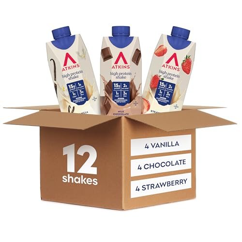 Atkins Protein-Shake-Variety-Pack – Erdbeer, Vanille & Milchschokolade, 15g Protein, 3g Ballaststoffe, GLP-1-freundlich, 12er-Pack (11 Fl Oz)