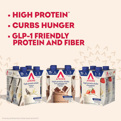 Atkins Protein-Shake-Variety-Pack – Erdbeer, Vanille & Milchschokolade, 15g Protein, 3g Ballaststoffe, GLP-1-freundlich, 12er-Pack (11 Fl Oz)