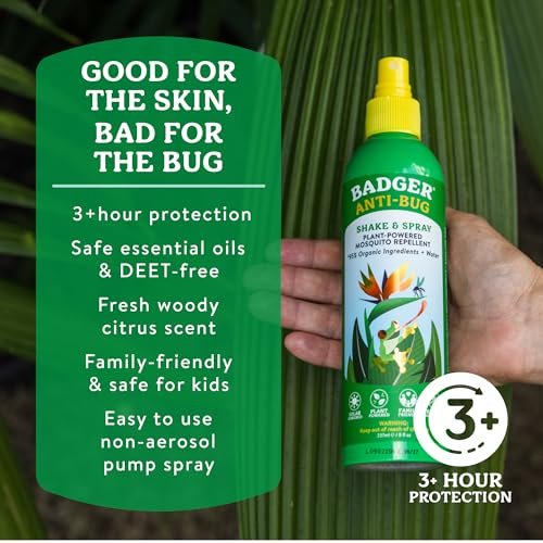 Badger Insektenschutzspray, 3-Stunden Mückenschutz ohne DEET, Familienfreundlich, mit Citronella & Bio-Ölen, Natürliches & Veganes Insektenschutzspray, 240 ml Aluminiumflasche