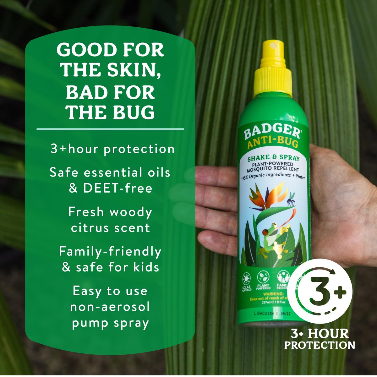 Badger Insektenschutzspray, 3-Stunden Mückenschutz ohne DEET, Familienfreundlich, mit Citronella & Bio-Ölen, Natürliches & Veganes Insektenschutzspray, 240 ml Aluminiumflasche