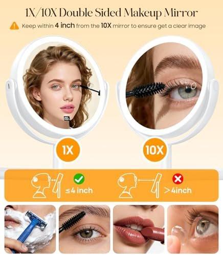 Gospire Wandmontierter LED-Make-up-Spiegel ohne Bohren mit 10-facher Vergrößerung, 17,8 cm wiederaufladbarer Vergrößerungsspiegel mit Haken, LED-Anzeige und 3 Lichtmodi für das Badezimmer
