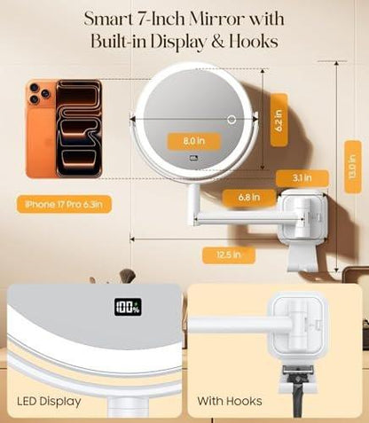 Gospire Wandmontierter LED-Make-up-Spiegel ohne Bohren mit 10-facher Vergrößerung, 17,8 cm wiederaufladbarer Vergrößerungsspiegel mit Haken, LED-Anzeige und 3 Lichtmodi für das Badezimmer