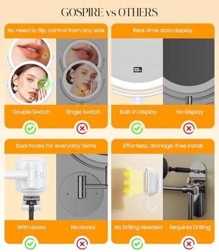 Gospire Wandmontierter LED-Make-up-Spiegel ohne Bohren mit 10-facher Vergrößerung, 17,8 cm wiederaufladbarer Vergrößerungsspiegel mit Haken, LED-Anzeige und 3 Lichtmodi für das Badezimmer