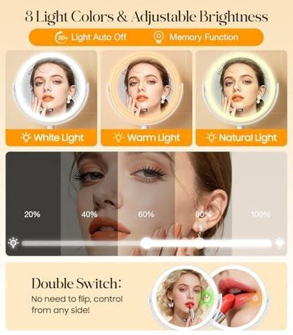 Gospire Wandmontierter LED-Make-up-Spiegel ohne Bohren mit 10-facher Vergrößerung, 17,8 cm wiederaufladbarer Vergrößerungsspiegel mit Haken, LED-Anzeige und 3 Lichtmodi für das Badezimmer