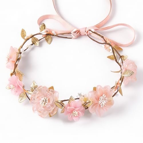 Heißer Pinker Blumenkranz-Stirnband – Verstellbarer Feenblumenkranz mit goldenen Blättern, böhmischer Blütenhalo-Kopfschmuck für Boho-Hochzeit, Blumenmädchen, Mutterschaftsfotografie